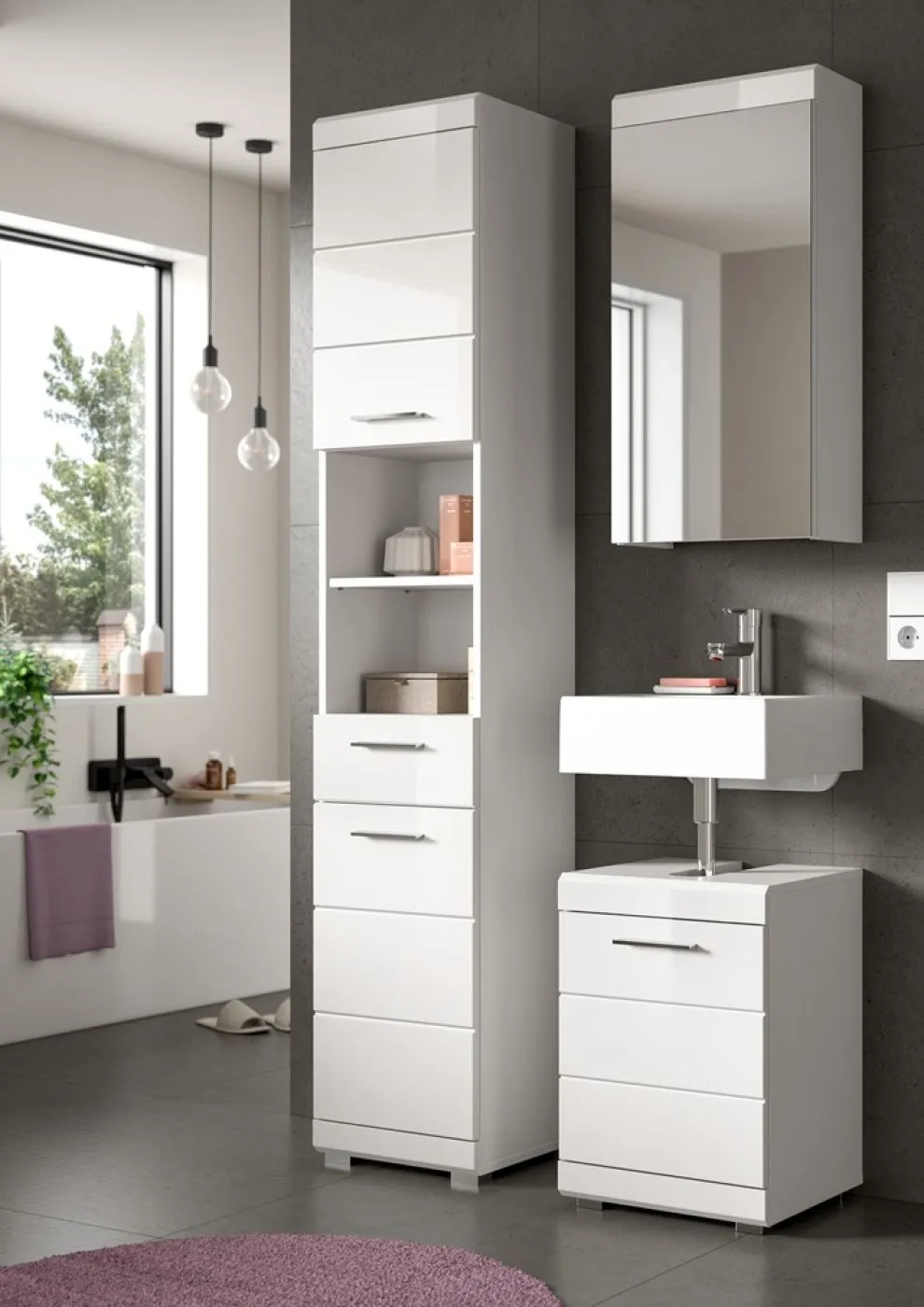 Badezimmer-Set Scout 2 | weiß Hochglanz / weiß | 3-teilig mit Aufsatzleuchte