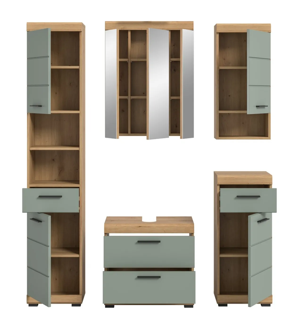 Badezimmer-Set Scout 3 | Salbei / Artisan Eiche | 5-teilig | mit Aufsatzleuchte