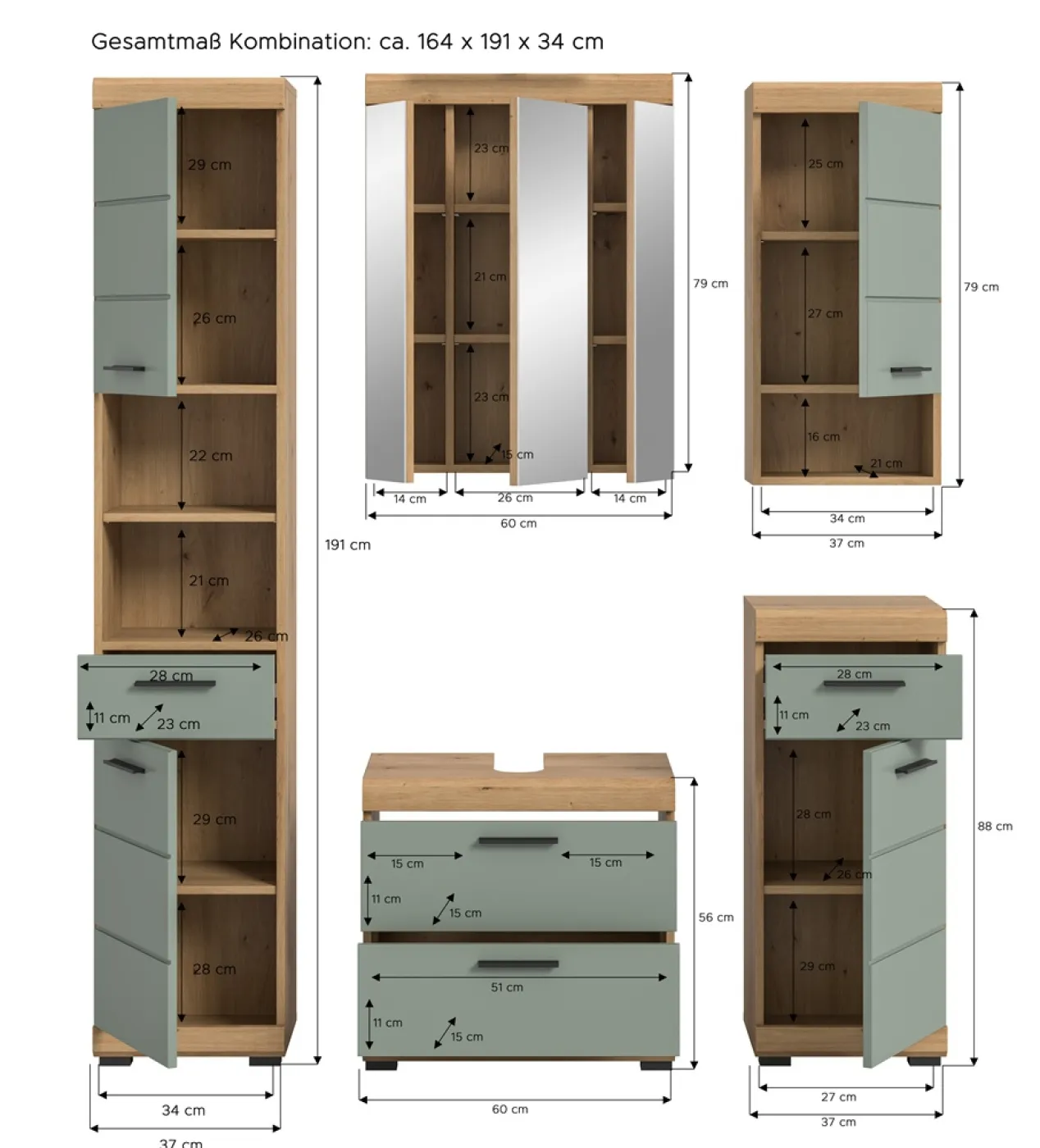Badezimmer-Set Scout 3 | Salbei / Artisan Eiche | 5-teilig | mit Aufsatzleuchte