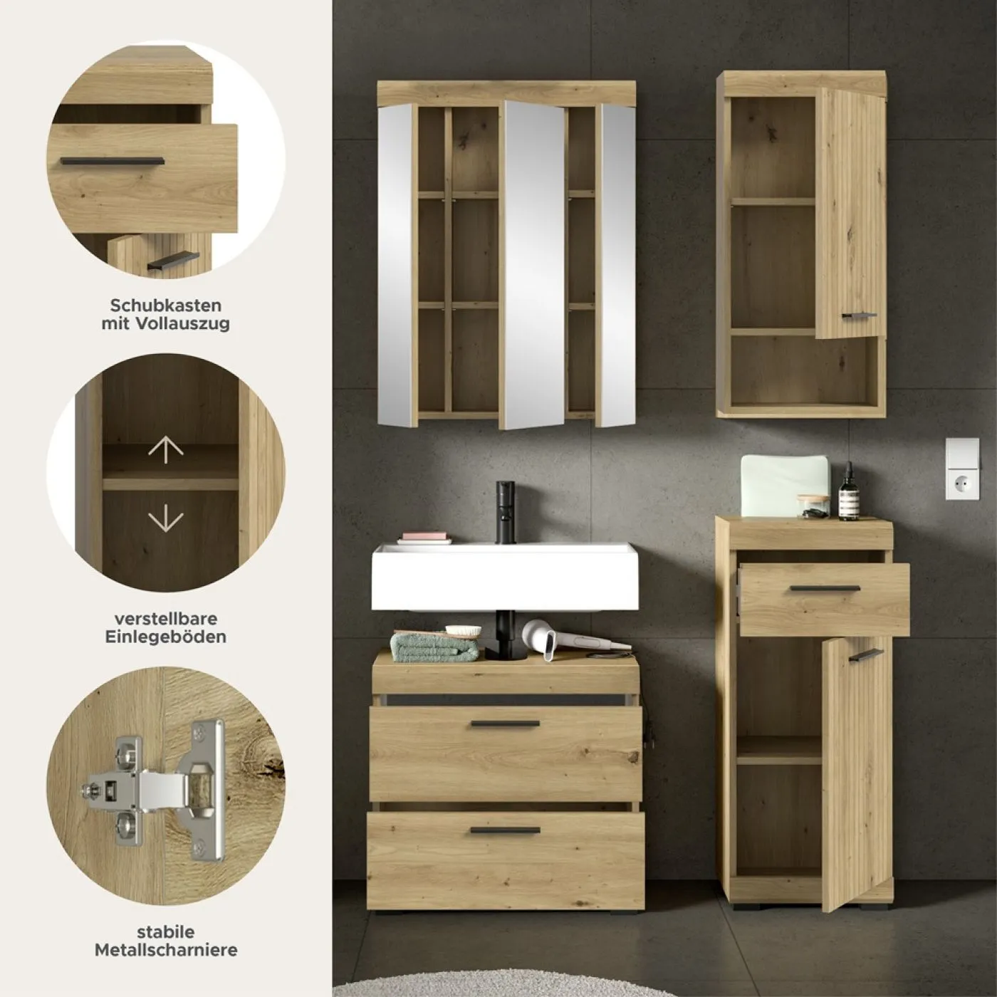 Badezimmer-Set Scout 6 | Artisan Eiche | 4-teilig ohne Aufsatzleuchte