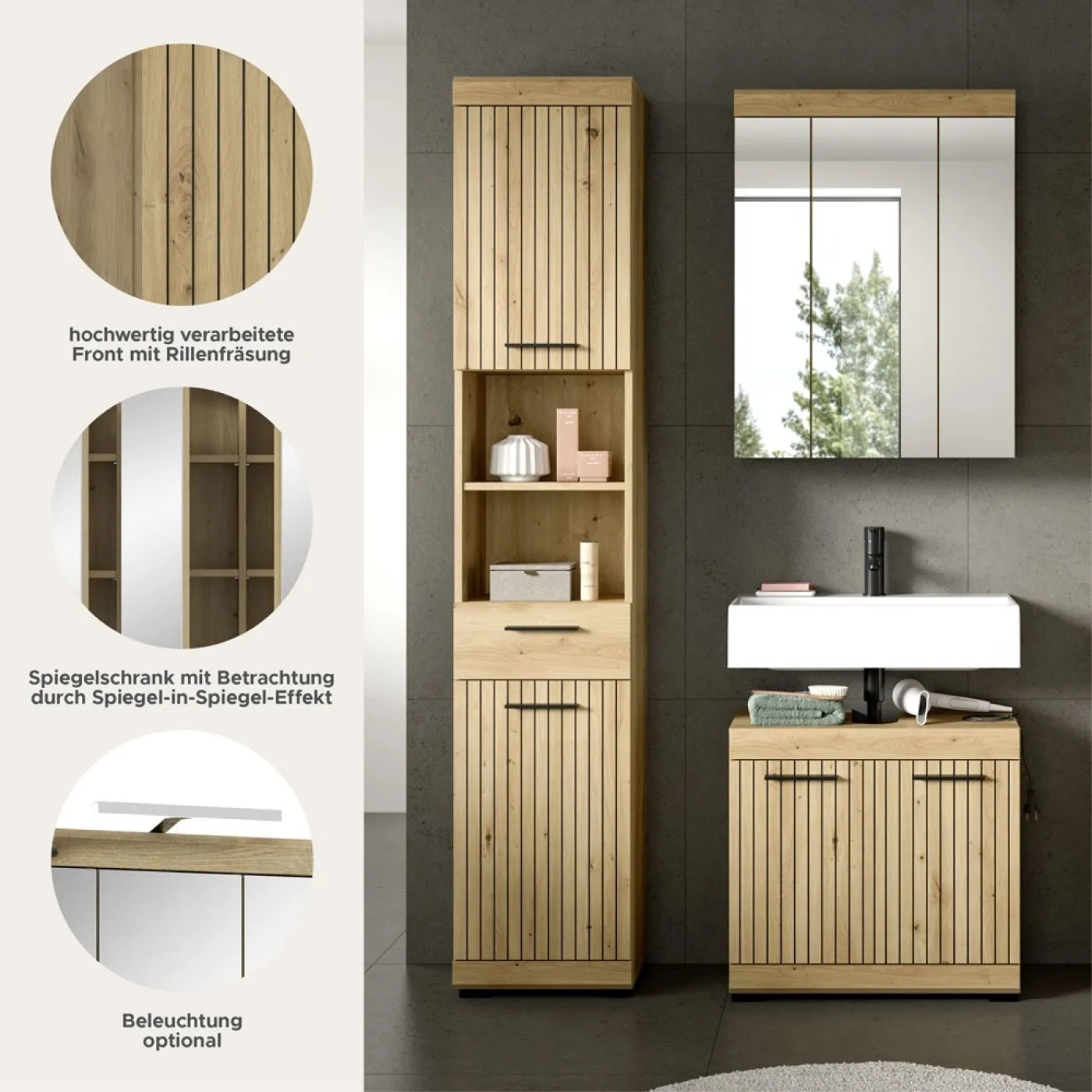 Badezimmer-Set Scout | Artisan Eiche | 3-teilig mit Aufsatzleuchte