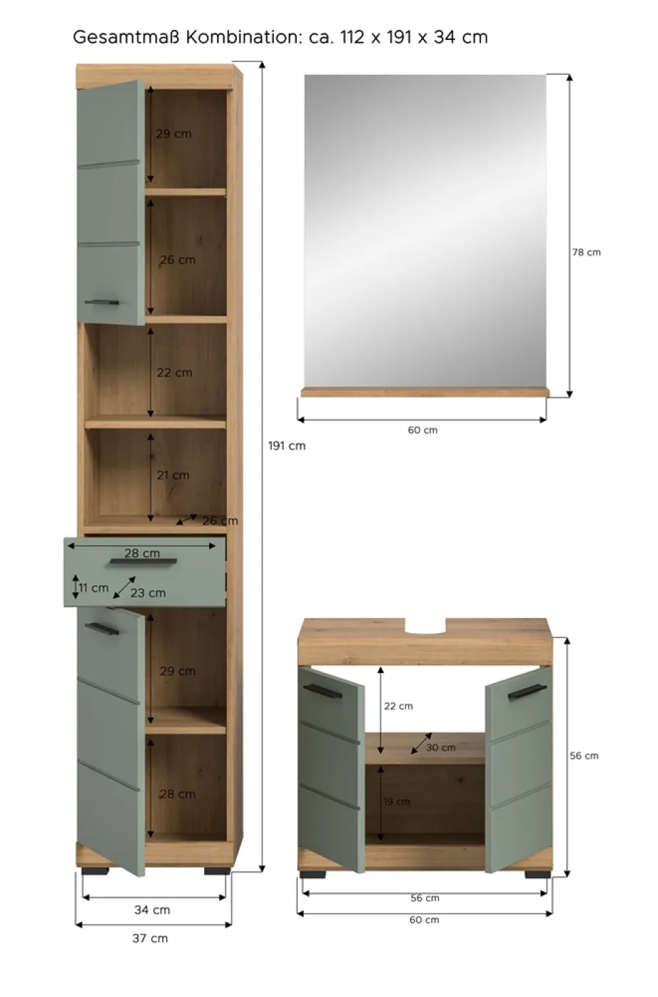 Badezimmer-Set Scout | Salbei / Artisan Eiche | 3-teilig