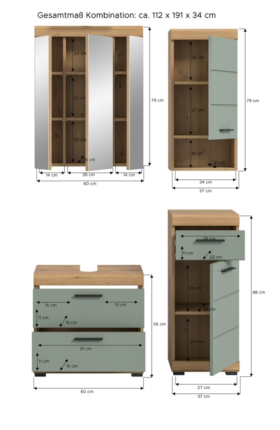 Badezimmer-Set Scout 6 | Salbei / Artisan Eiche | 4-teilig | mit Aufsatzleuchte
