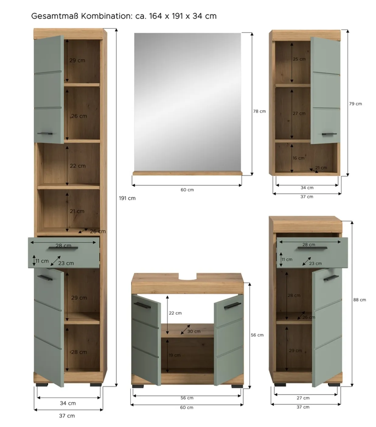 Badezimmer-Set Scout | Salbei / Artisan Eiche | 5-teilig | optional Aufsatzleuchte