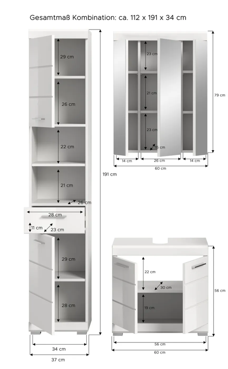 Badezimmer-Set Scout 4 | weiß Hochglanz / weiß | 3-teilig | optional Aufsatzleuchte