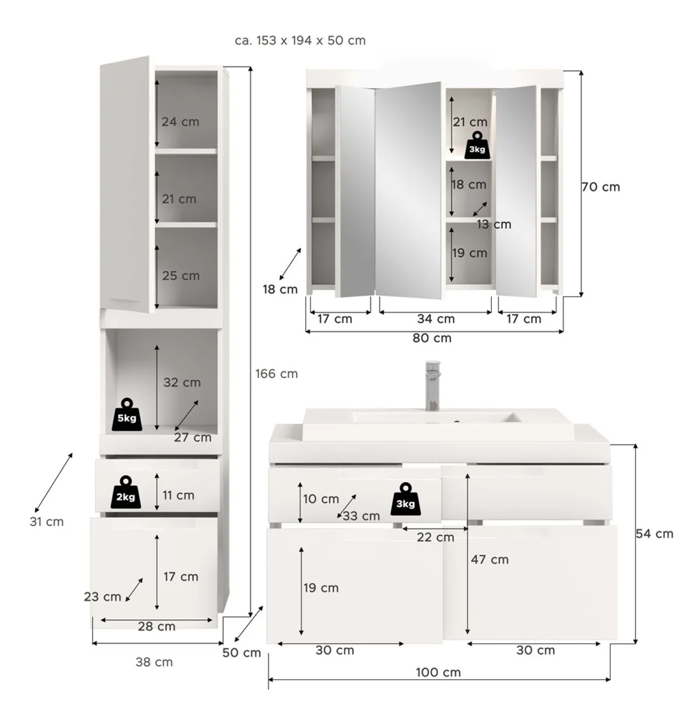 Badezimmer Set Viana 2 | 3-teilig | weiß | inkl. Waschbecken mit Badaufsatzleuchte