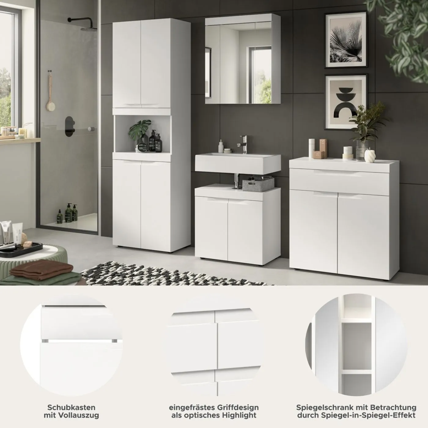 Badezimmer Set Viana | 4-teilig | weiß mit Aufsatzleuchte
