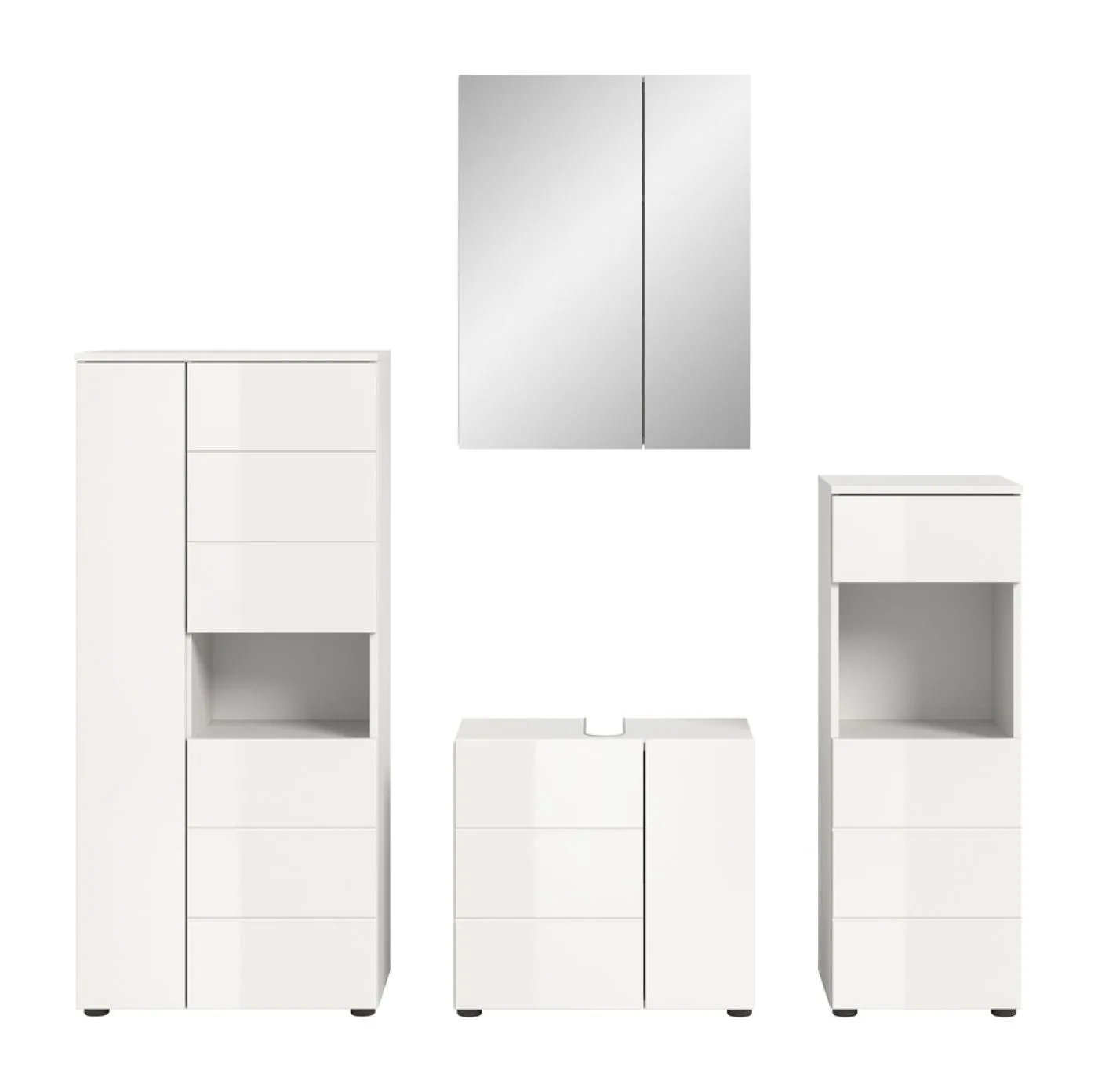 Badezimmer-Set Vira 2 | 4-teilig | weiß / weiß Hochglanz | mit Aufzatzleuchte