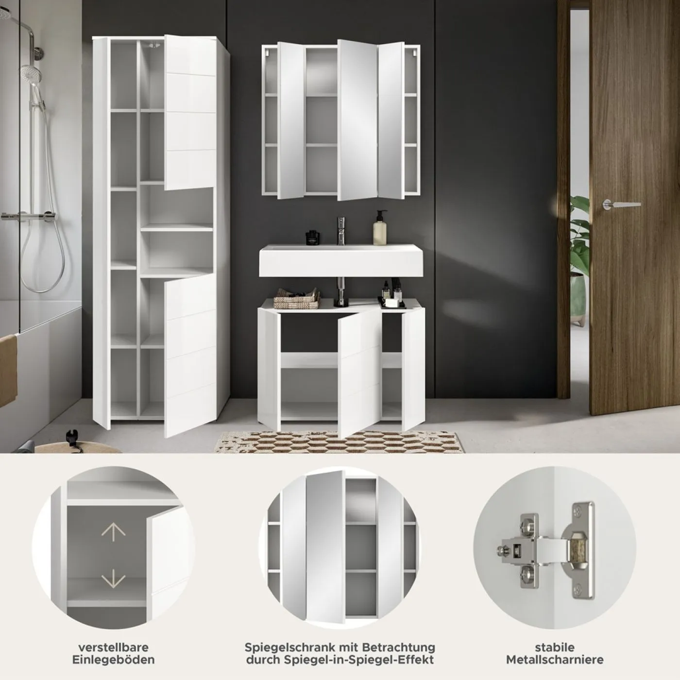 Badezimmer-Set Vira | 3-teilig | weiß / weiß Hochglanz 1