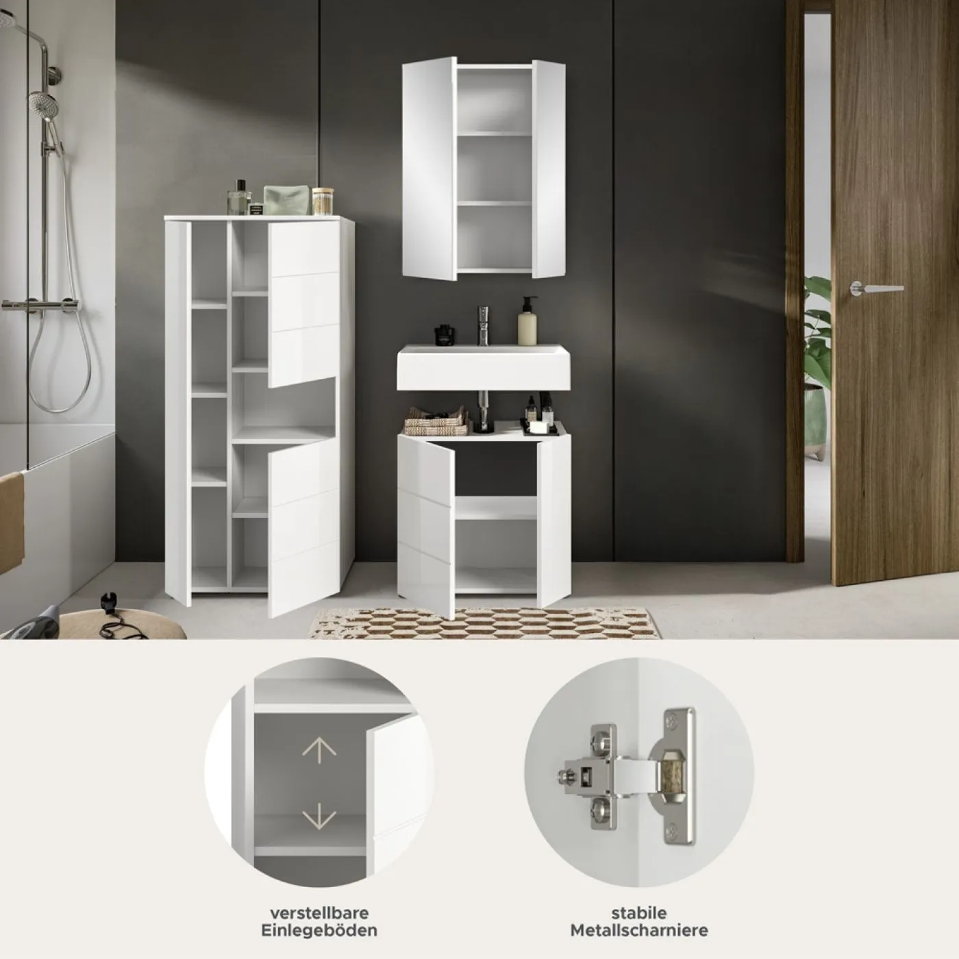 Badezimmer-Set Vira | 3-teilig | weiß / weiß Hochglanz | optional LED Beleuchtung 2