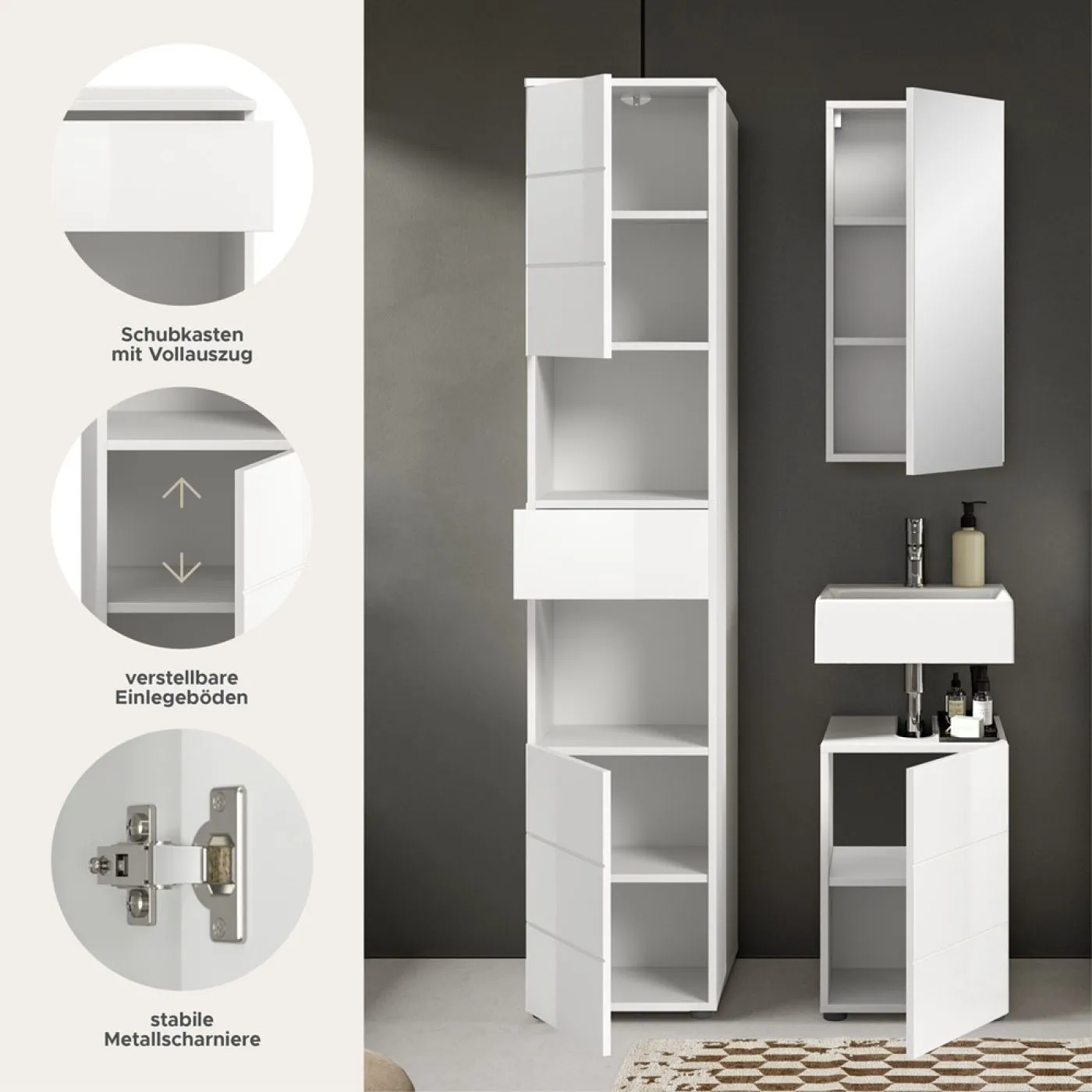 Badezimmer-Set Vira | 3-teilig | weiß / weiß Hochglanz | optional LED Beleuchtung