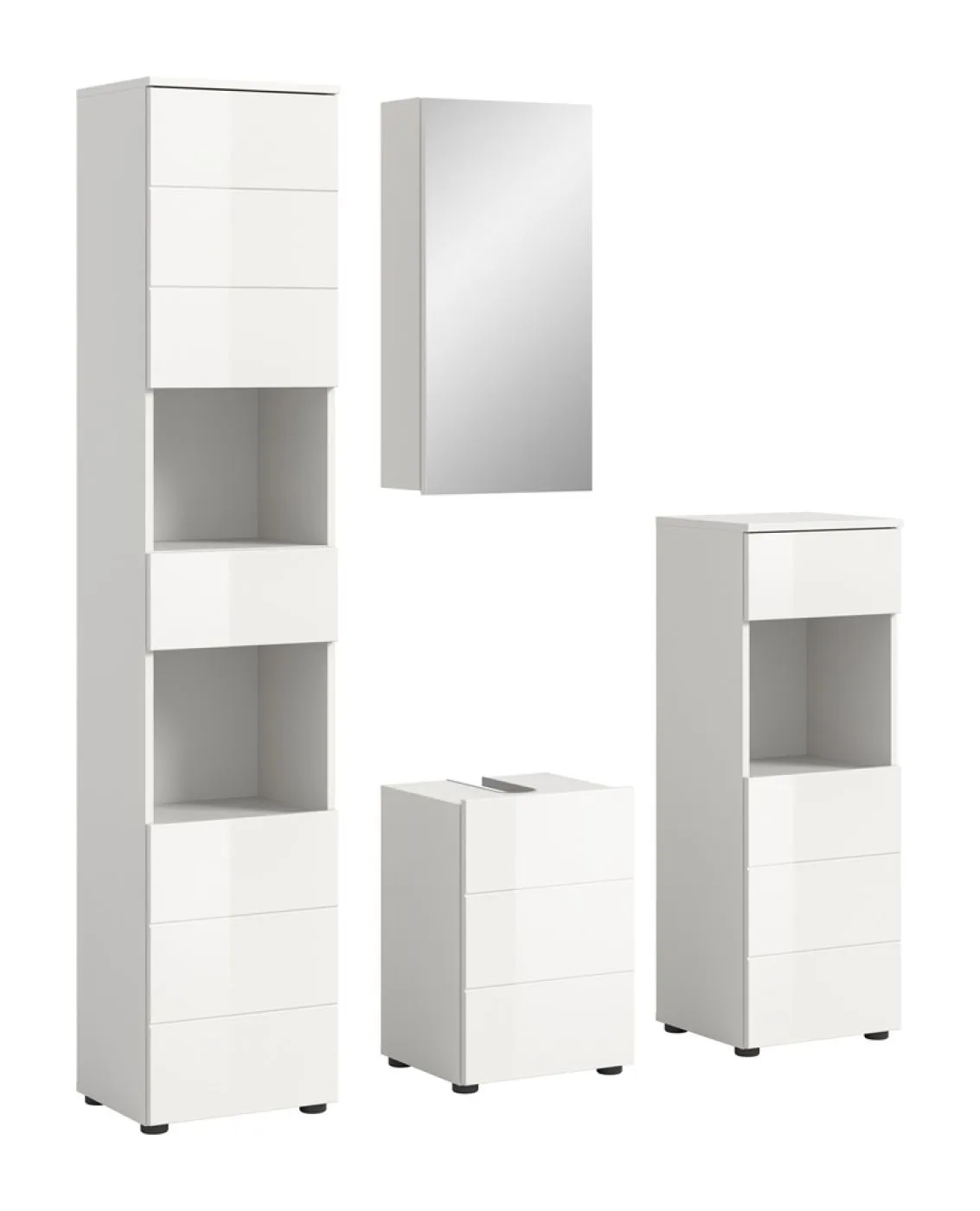 Badezimmer-Set Vira | 4-teilig | weiß / weiß Hochglanz | mit Aufzatzleuchte