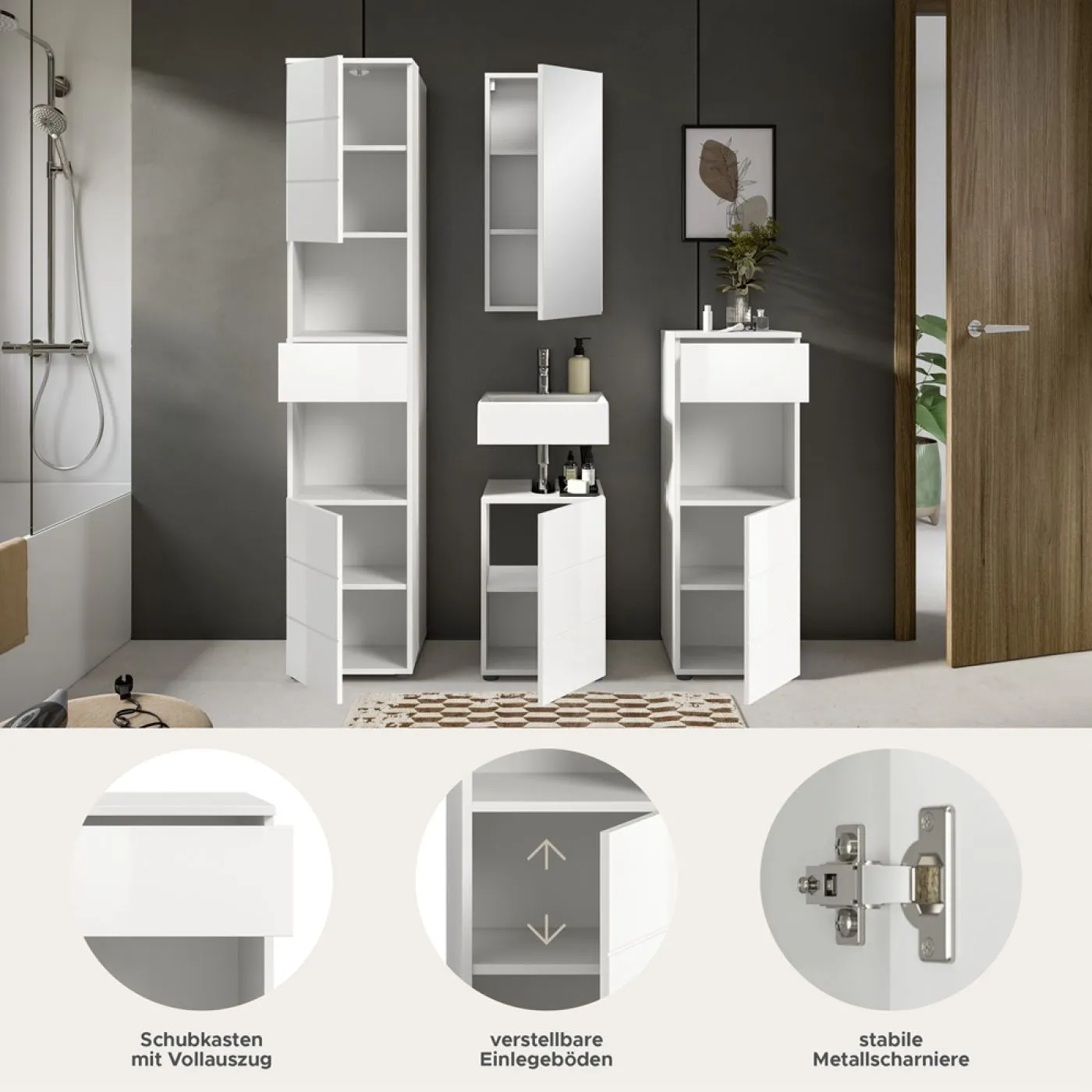 Badezimmer-Set Vira | 4-teilig | weiß / weiß Hochglanz | mit Aufzatzleuchte