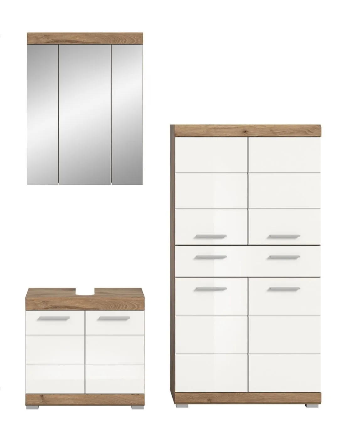 Badezimmer-Set Wave 2 | weiß Hochglanz / Nox Oak | 3-teilig | optional Beleuchtung