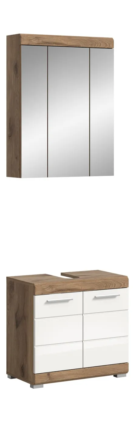 Badezimmer-Set Wave | weiß Hochglanz / Nox Oak | 2-teilig | mit Aufsatzleuchte