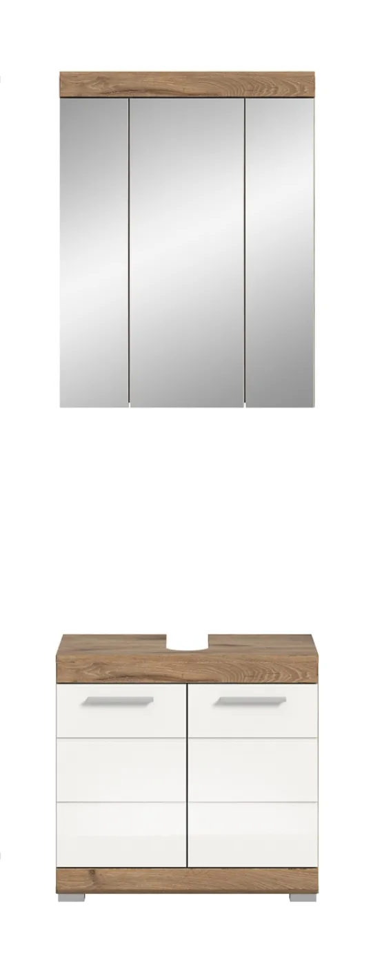 Badezimmer-Set Wave | weiß Hochglanz / Nox Oak | 2-teilig | mit Aufsatzleuchte