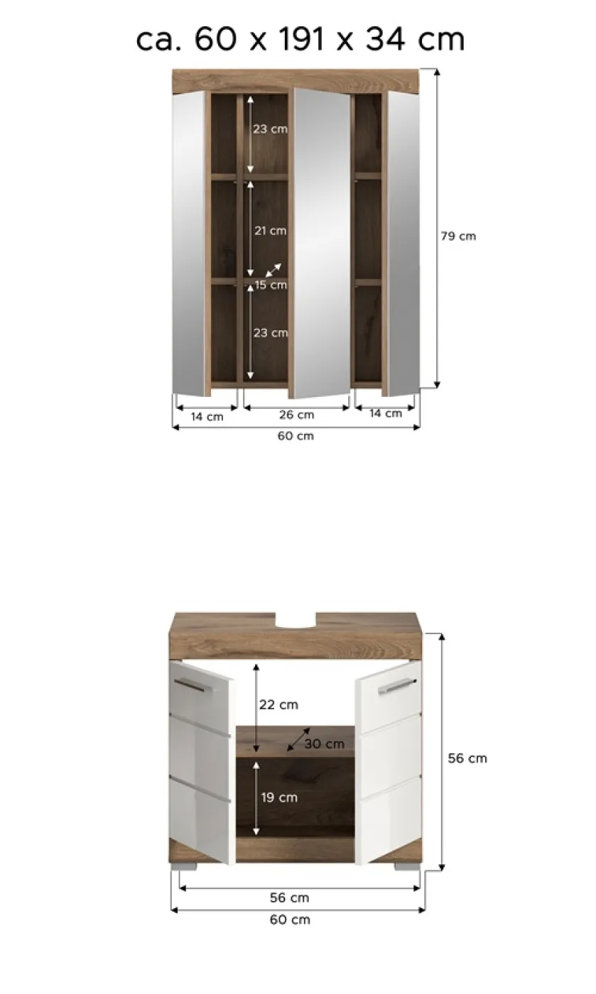 Badezimmer-Set Wave | weiß Hochglanz / Nox Oak | 2-teilig | mit Aufsatzleuchte