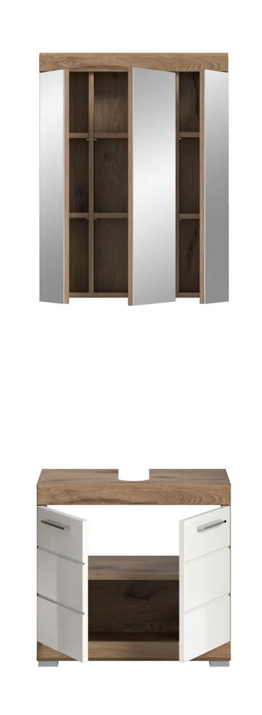 Badezimmer-Set Wave | weiß Hochglanz / Nox Oak | 2-teilig | optional Beleuchtung