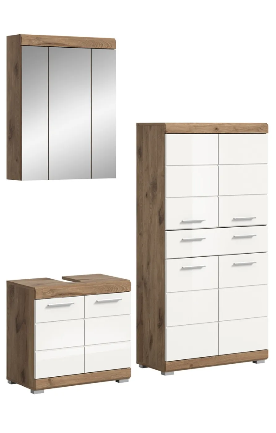 Badezimmer-Set Wave 2 | weiß Hochglanz / Nox Oak | 3-teilig