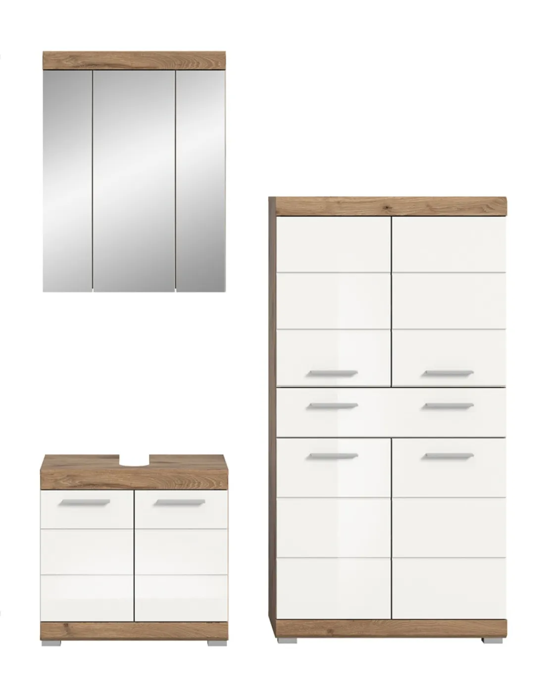 Badezimmer-Set Wave 2 | weiß Hochglanz / Nox Oak | 3-teilig