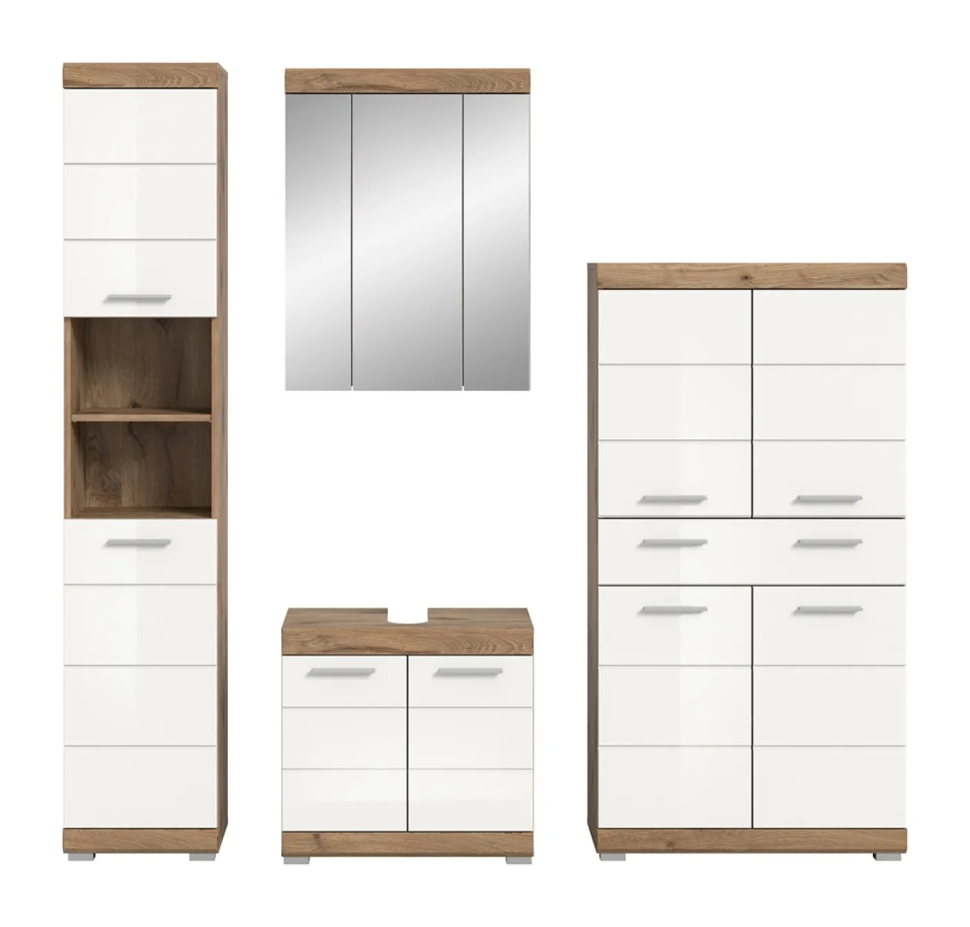 Badezimmer-Set Wave | weiß Hochglanz / Nox Oak | 4-teilig | mit Aufsatzleuchte