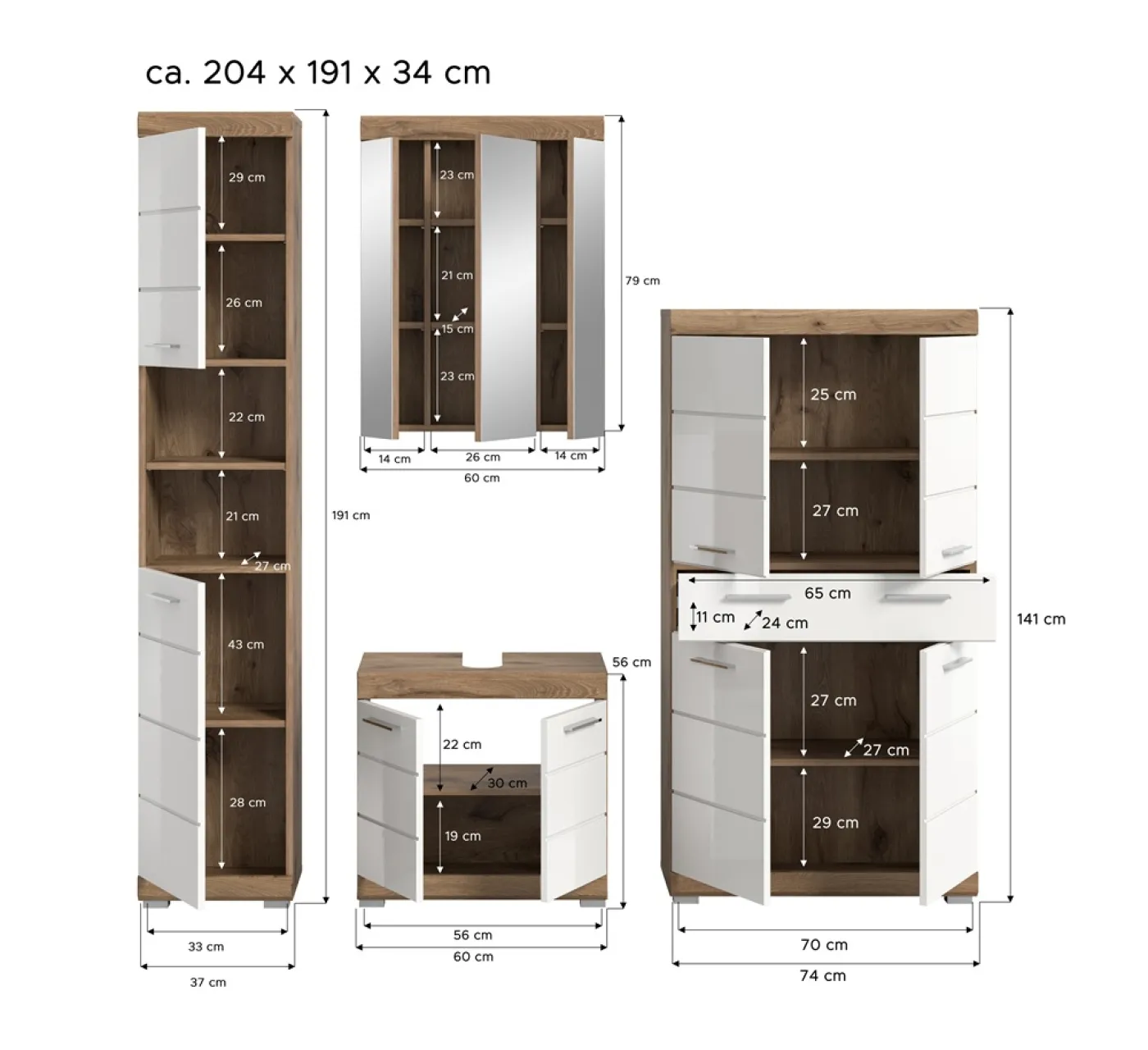 Badezimmer-Set Wave | weiß Hochglanz / Nox Oak | 4-teilig
