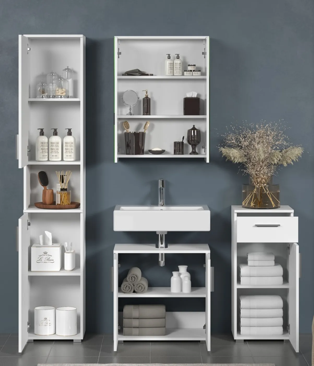 Badezimmer-Set Wons | weiß Hochglanz | 4-teilig mit Beleuchtung