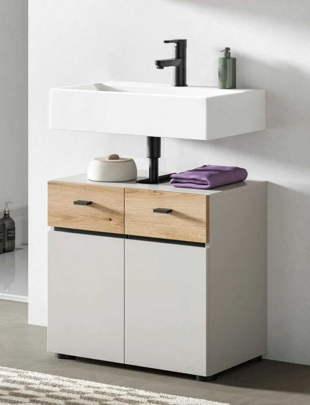 Badkombination Bad Set Aqua | 2-teilig | Kaschmir / Evoke Oak mit Aufsatzleuchte