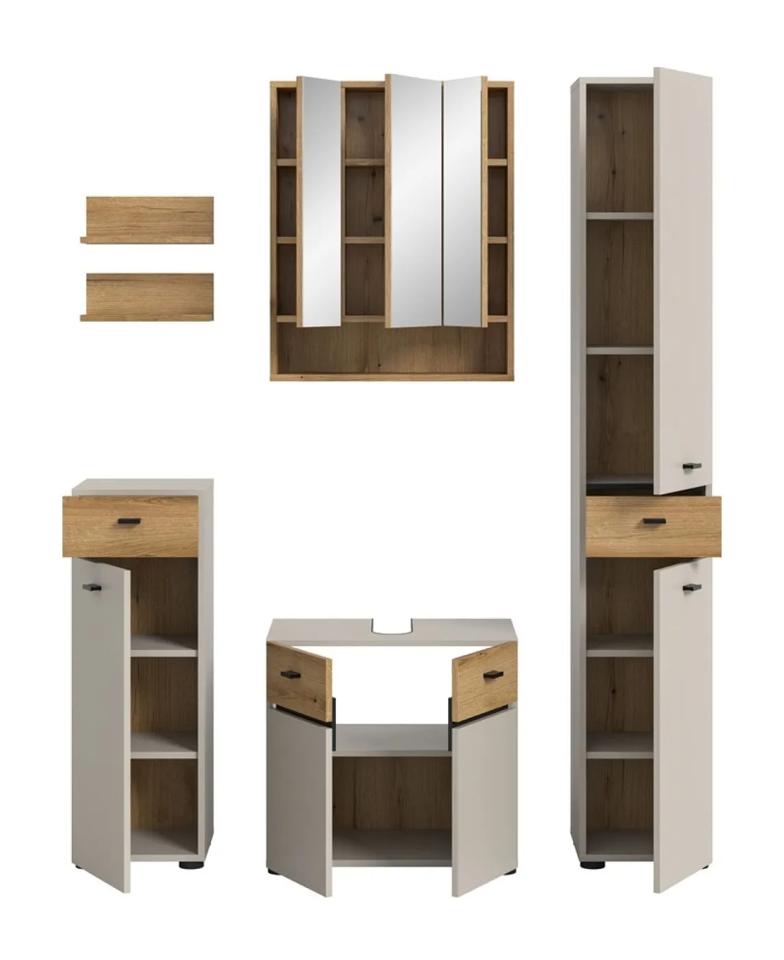 Badkombination Bad Set Aqua | 5-teilig | Kaschmir / Evoke Oak mit Aufsatzleuchte