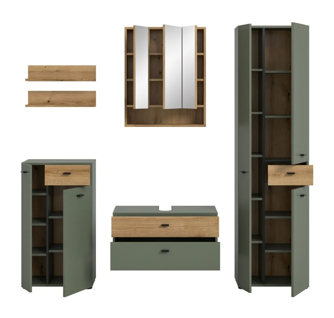 Badkombination Bad Set Aqua | 5-teilig | Sage Green / Evoke Oak mit Aufsatzleuchte