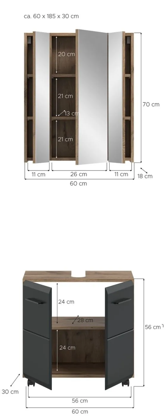 Badkombination Bad Set Ice auf Rollen | 2-teilig | Nox Oak / schwarz mit Aufsatzleuchte