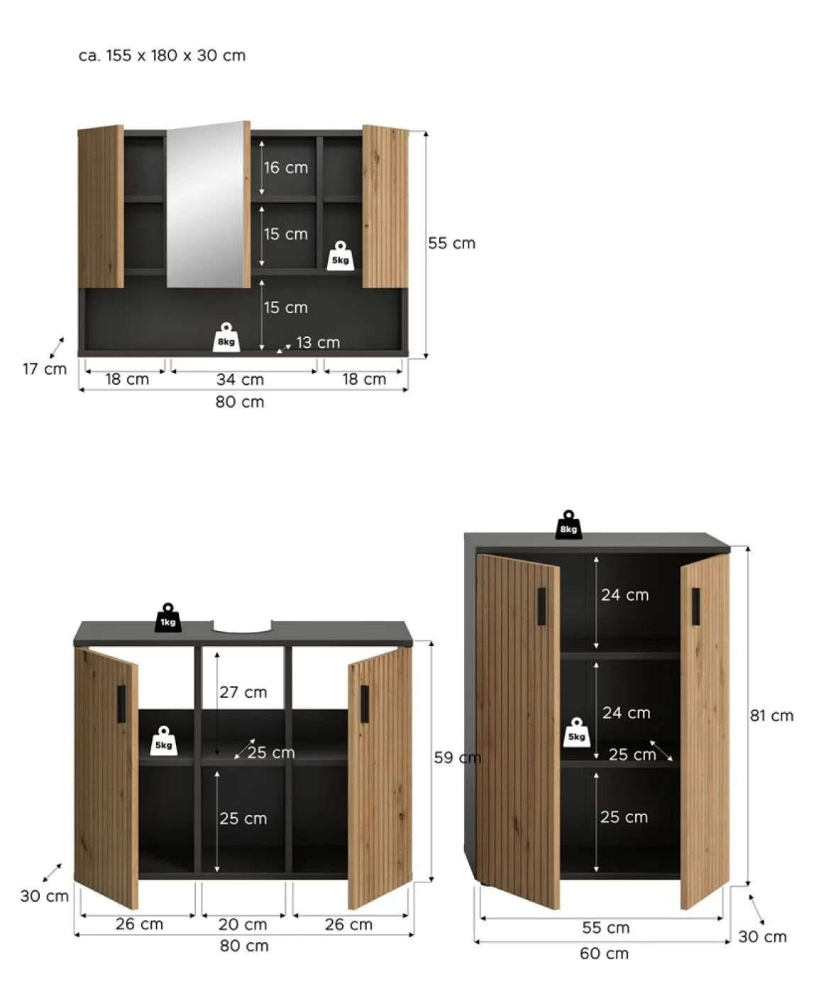Badkombination Mone 1 | 3-teilig | Basalt grau / Artisan Oak