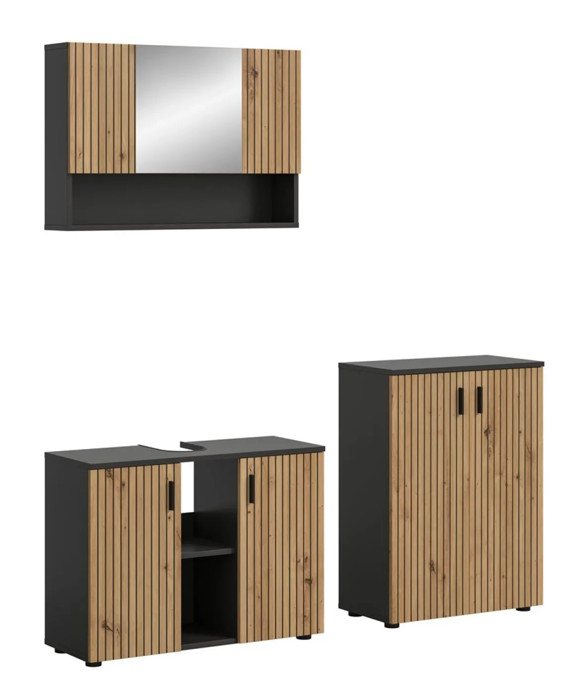 Badkombination Mone 1 | 3-teilig | Basalt grau / Artisan Oak mit Aufsatzleuchte