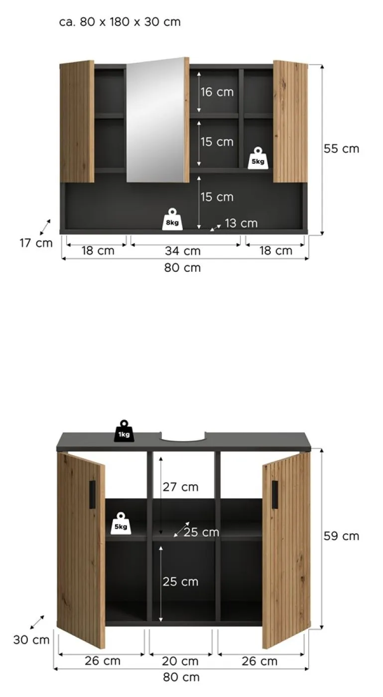 Badkombination Mone | 2-teilig | Basalt grau / Artisan Oak mit Aufsatzleuchte