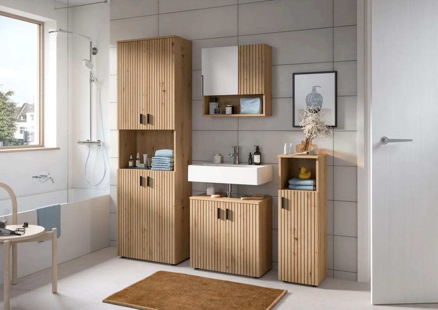 Badkombination Mone | 3-teilig | Artisan Oak mit Aufsatzleuchte