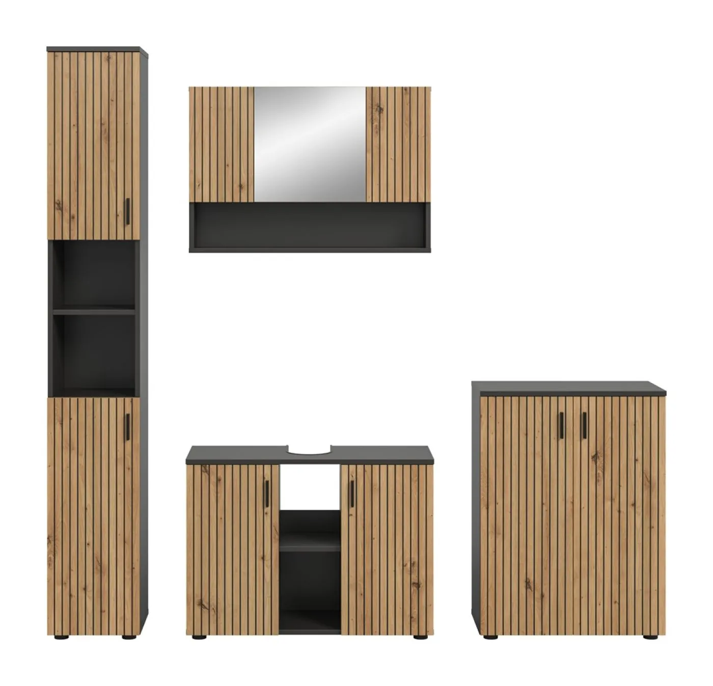 Badkombination Mone | 4-teilig | Basalt grau / Artisan Oak mit Aufsatzleuchte