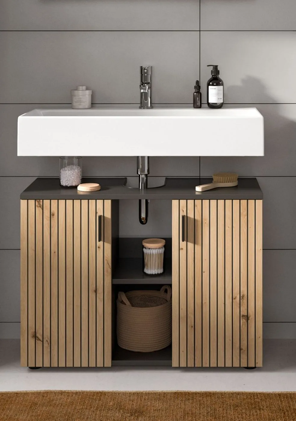 Badkombination Mone | 4-teilig | Basalt grau / Artisan Oak ohne Aufsatzleuchte