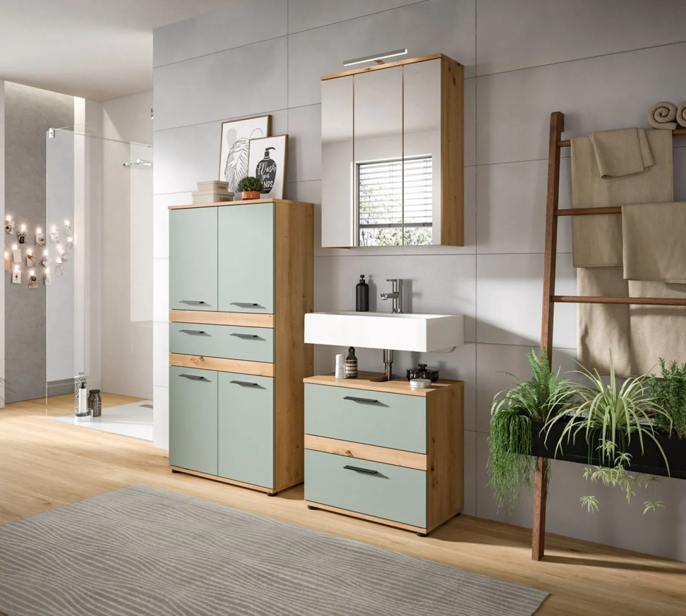 Badschrank Schrank Blake 1 | Salbei / Artisan Eiche