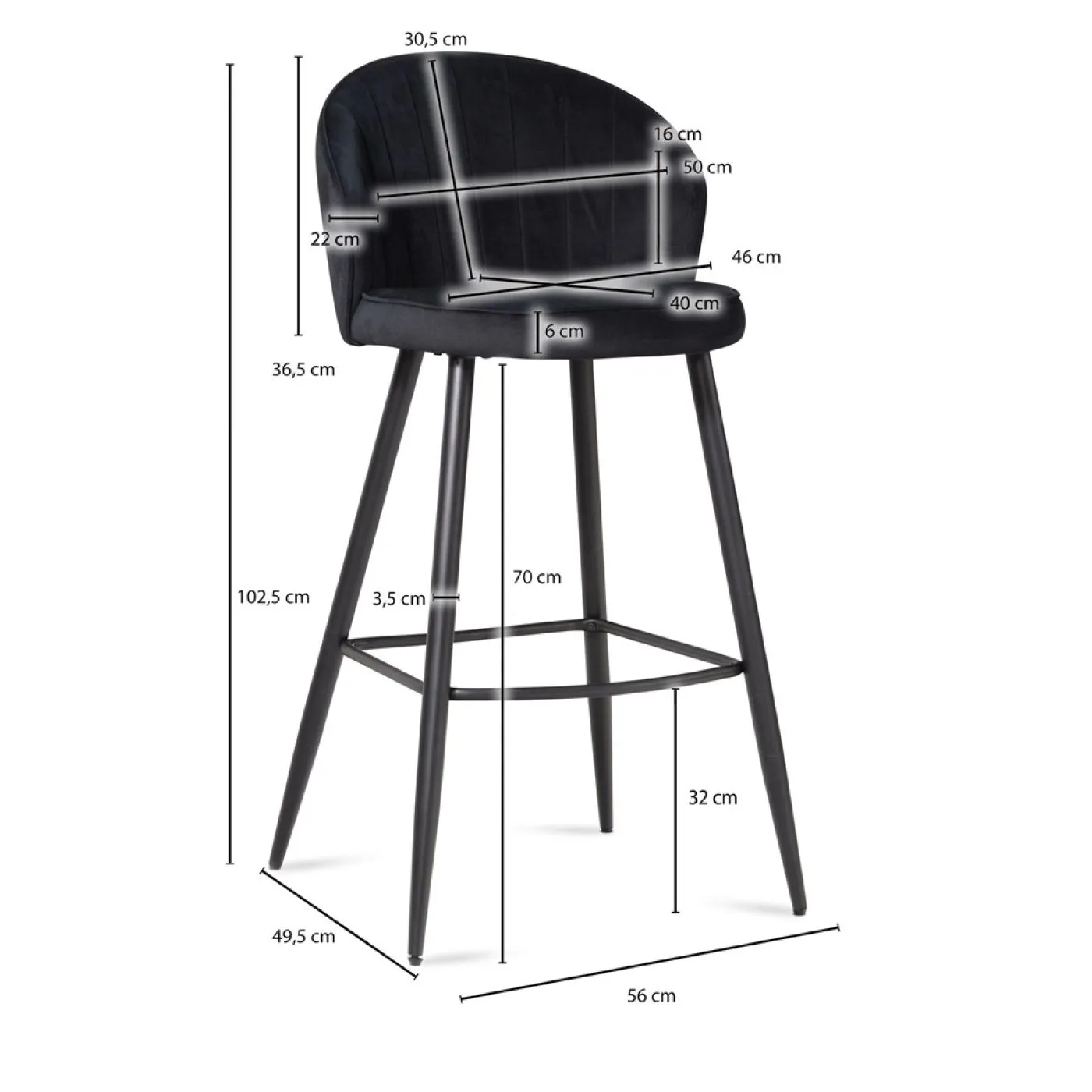 Barhocker 2er Set Shella | mit Fußablage | samt | schwarz