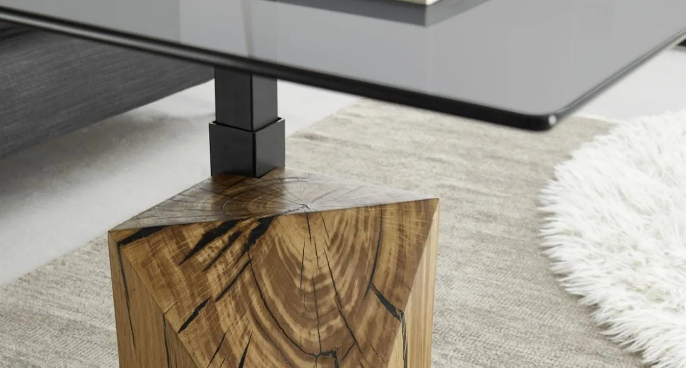 Couchtisch Balsta mit Lift | Eiche massiv | mit Glasplatte | 70 cm | Eichefarben / grau