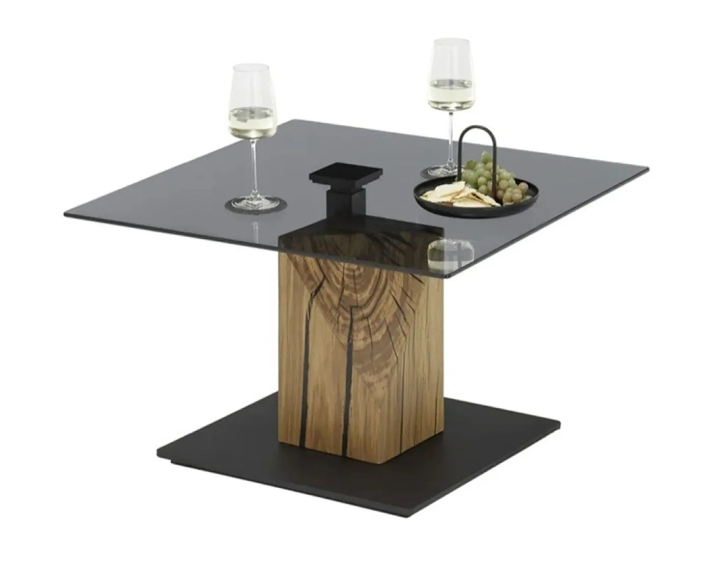 Couchtisch Balsta mit Lift | Eiche massiv | mit Glasplatte | 70 cm | Eichefarben / grau