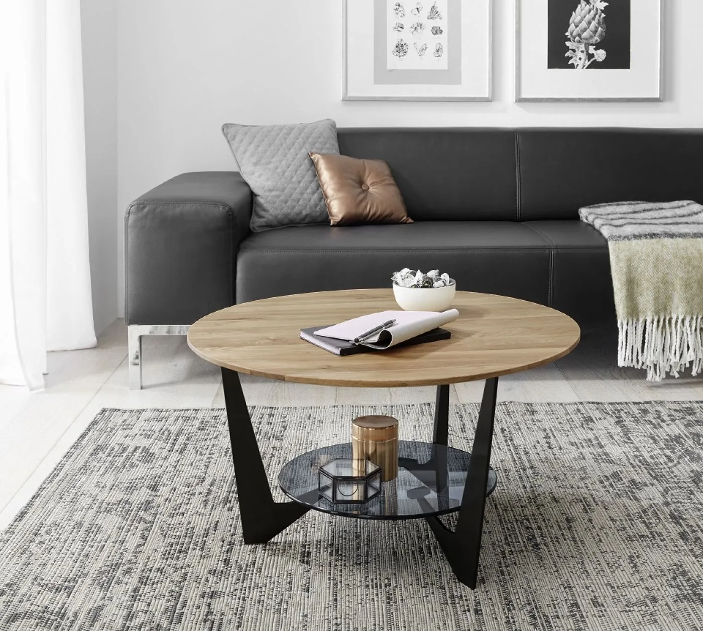 Couchtisch Cadiz rund | Ø70 | Eiche massiv / grau