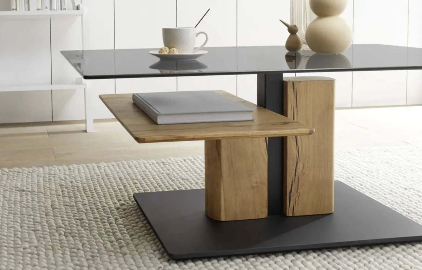 Couchtisch Delmas mit Lift | Eiche massiv | mit Glasplatte | 105/65 | Eichefarben / schwarz