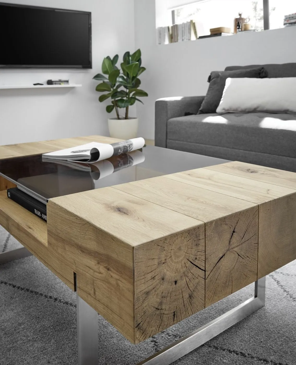 Couchtisch Rewa | Asteiche mit Glasplatte 110x60 Eichefarben / grau