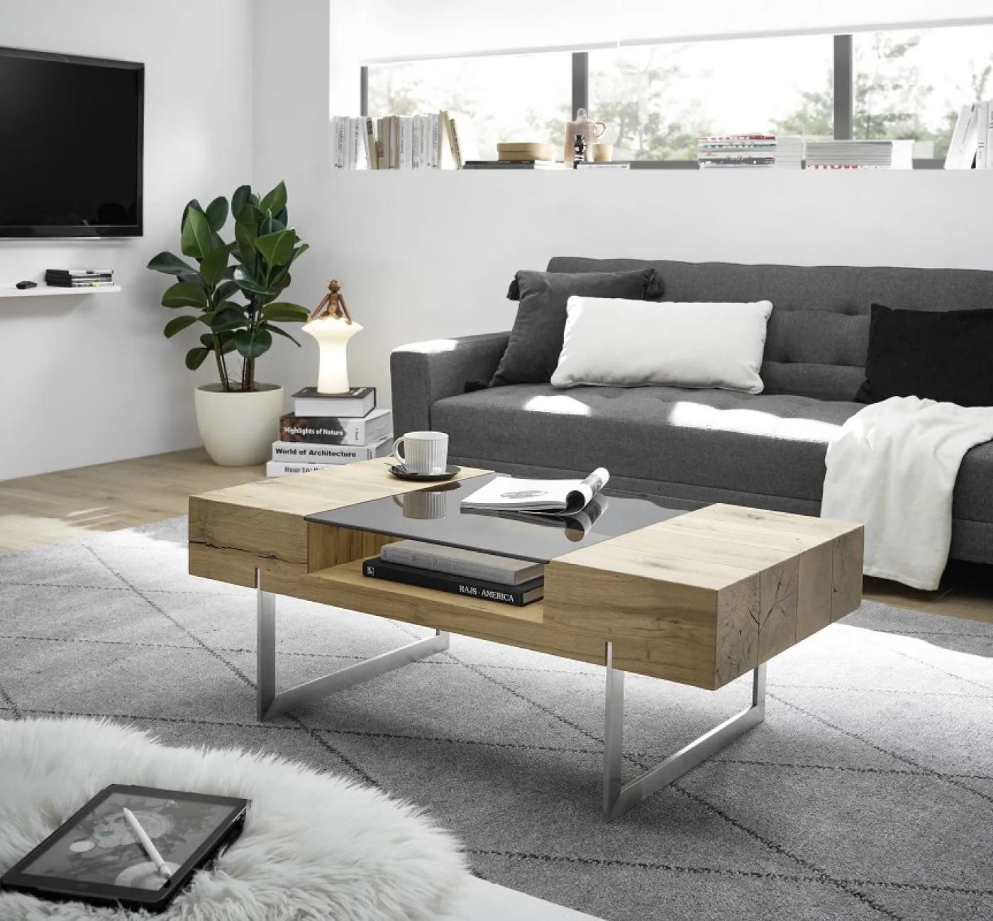 Couchtisch Rewa | Asteiche mit Glasplatte 110x60 Eichefarben / grau