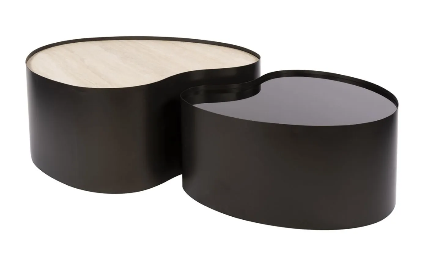 Couchtisch Set Duett 2 | 2-teilig | Metallgestell | Braunglas | Travertin