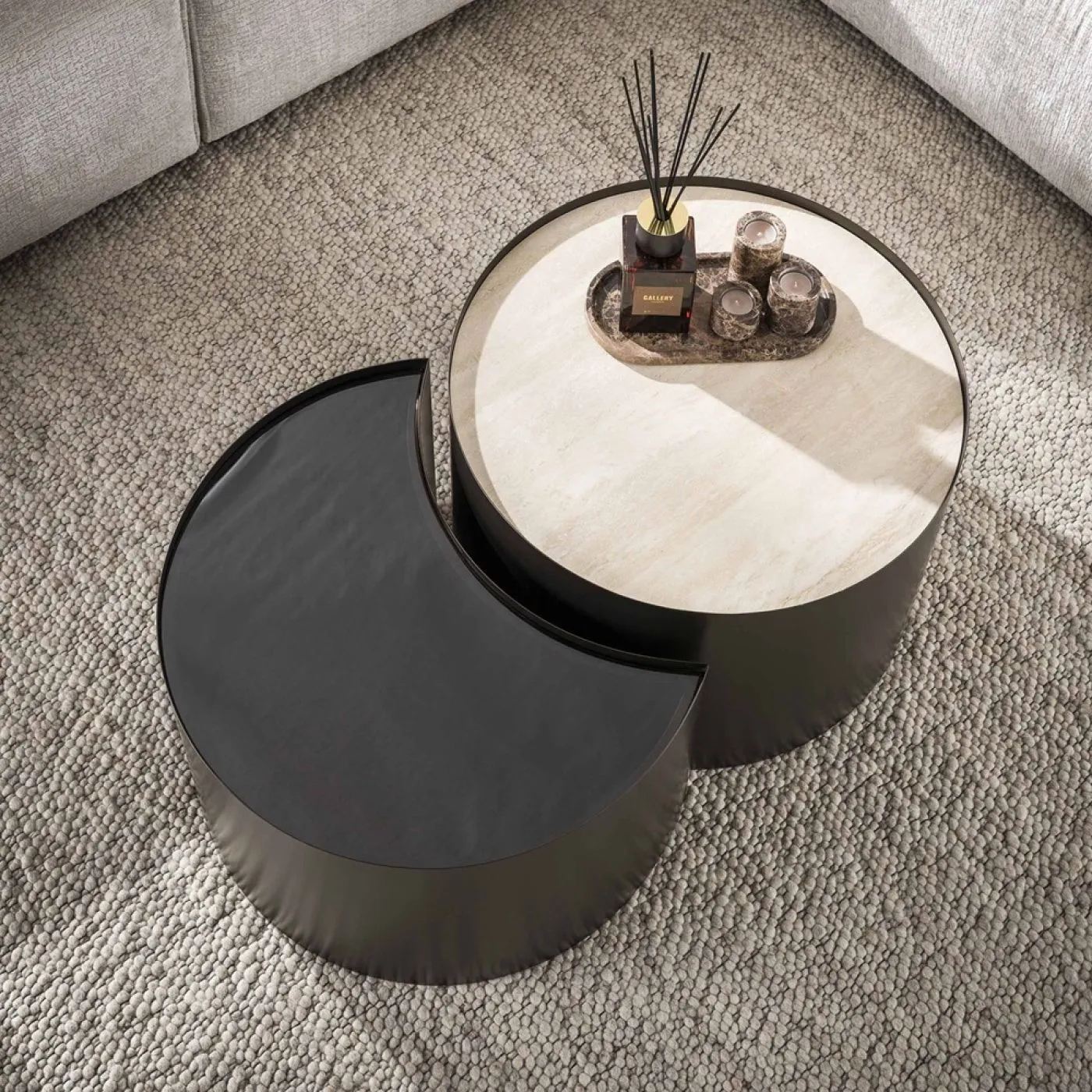Couchtisch Set Duett | 2-teilig | Metallgestell | Braunglas | Travertin