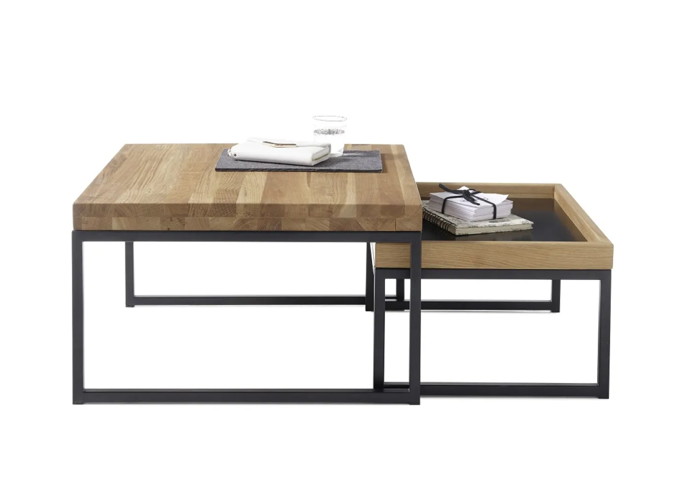 Couchtisch Set Lubao | 2-teilig | Eiche massiv schwarz 57/65 cm