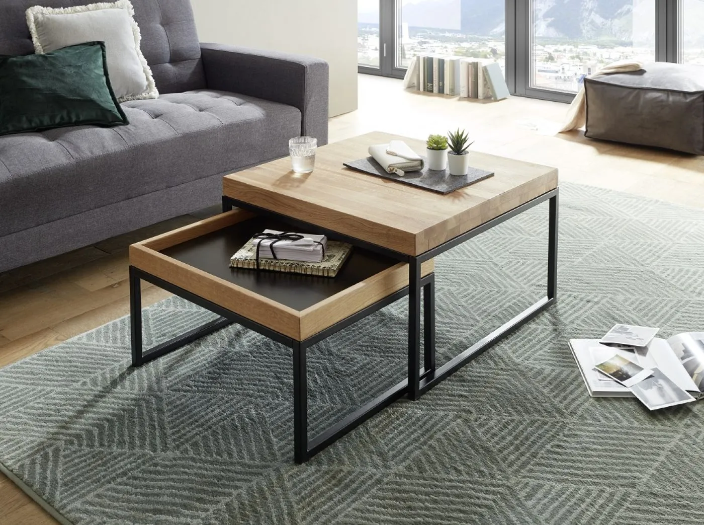 Couchtisch Set Lubao | 2-teilig | Eiche massiv schwarz 57/65 cm