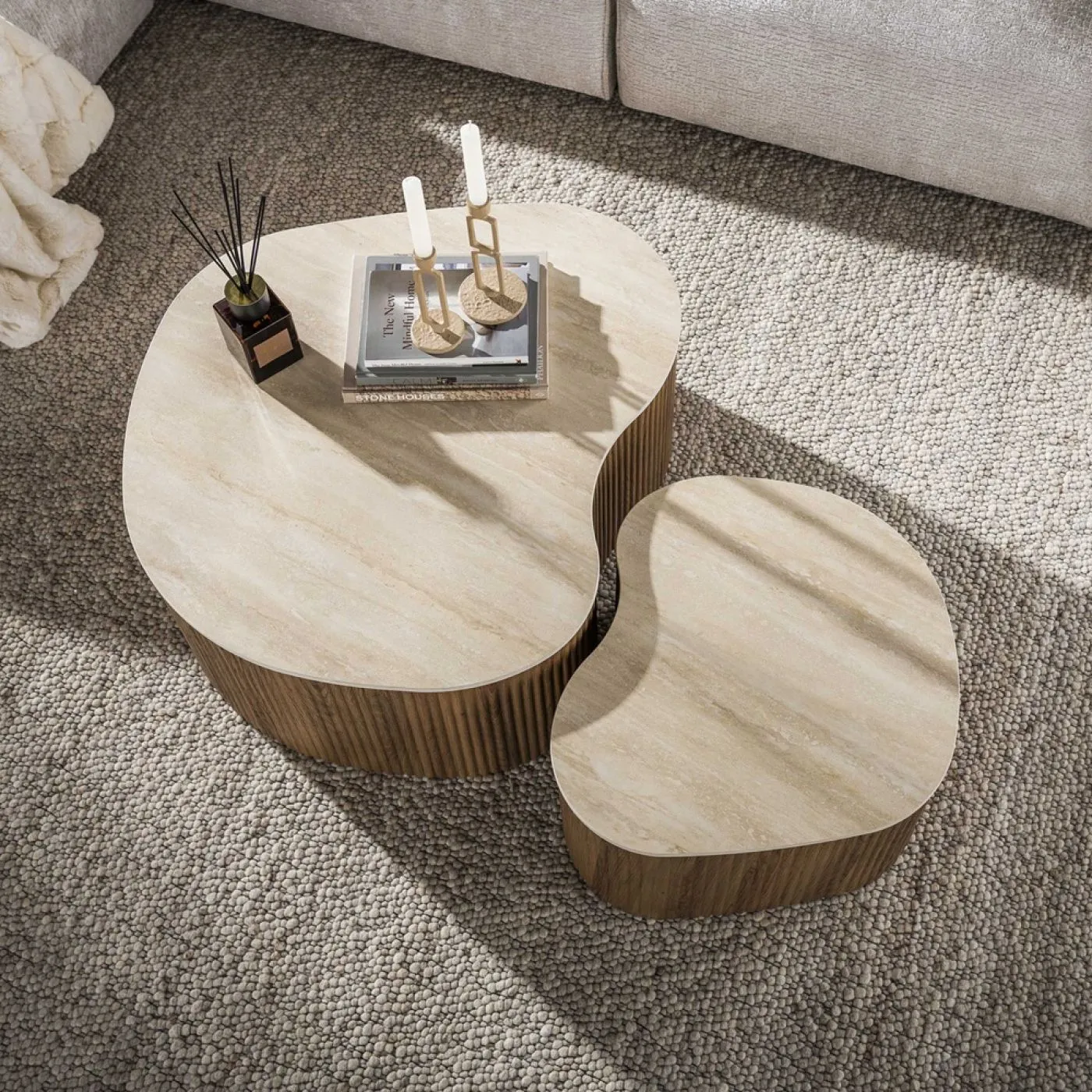 Couchtisch Set Sienna | 2-teilig | geriffelter Sockel | 3D Keramik | Travertinoptik